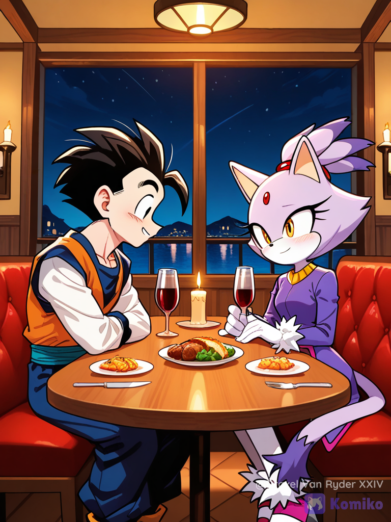 Gohan y Blaze The Cat, cenando en un restaurante.