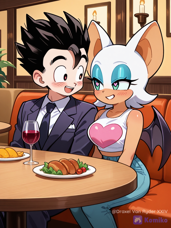Gohan y Rouge The Bat, cenando en un restaurante.