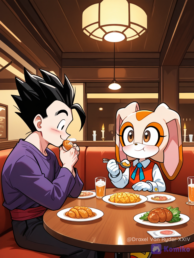 Gohan y Cream The Rabbit cenando en un restaurante.