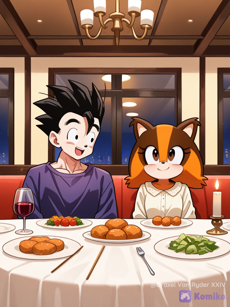 Gohan y Sticks The Badger, cenando en un restaurante