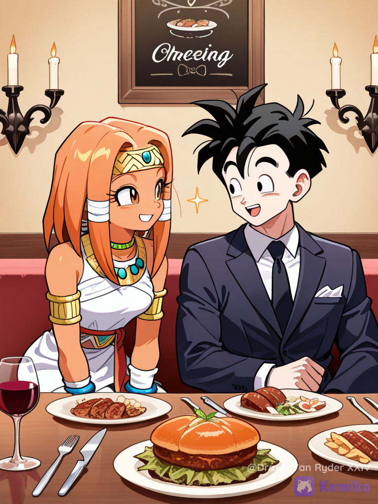 Gohan y Tikal The Echidna, cenando en un restaurante