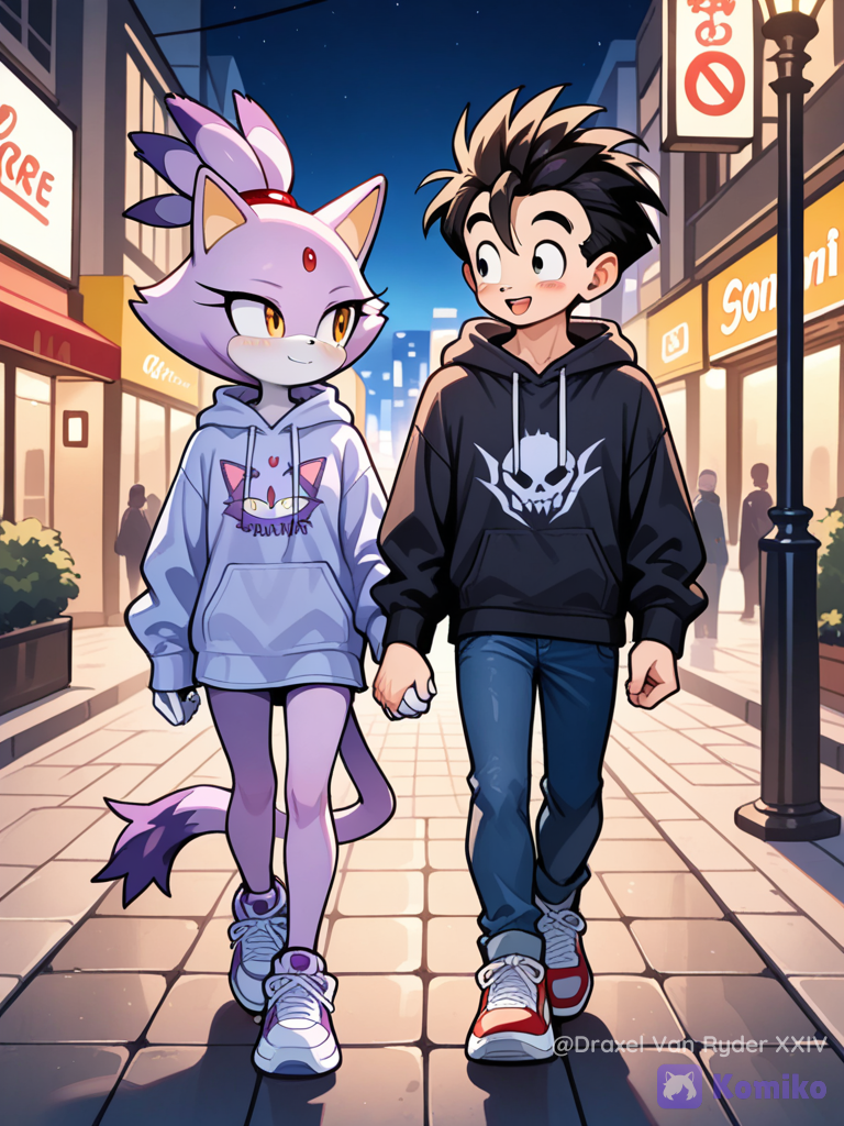 Gohan y Blaze The Cat, paseando por la ciudad de noche