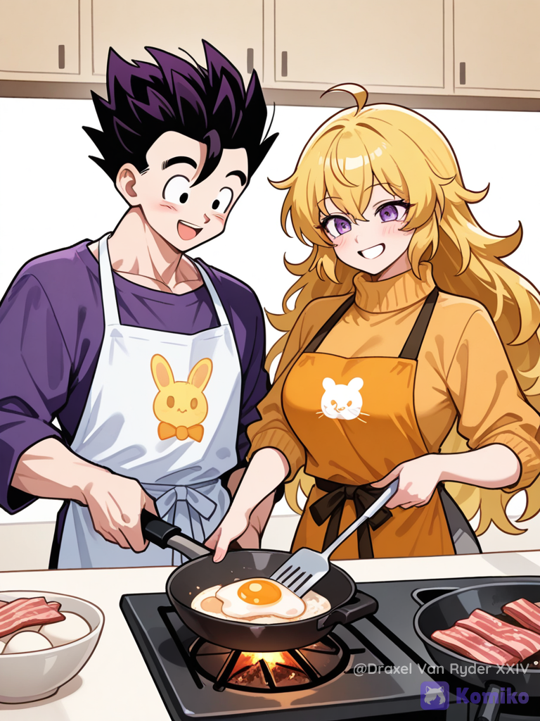 Gohan y Yang Xiao Long, preparando el desayuno