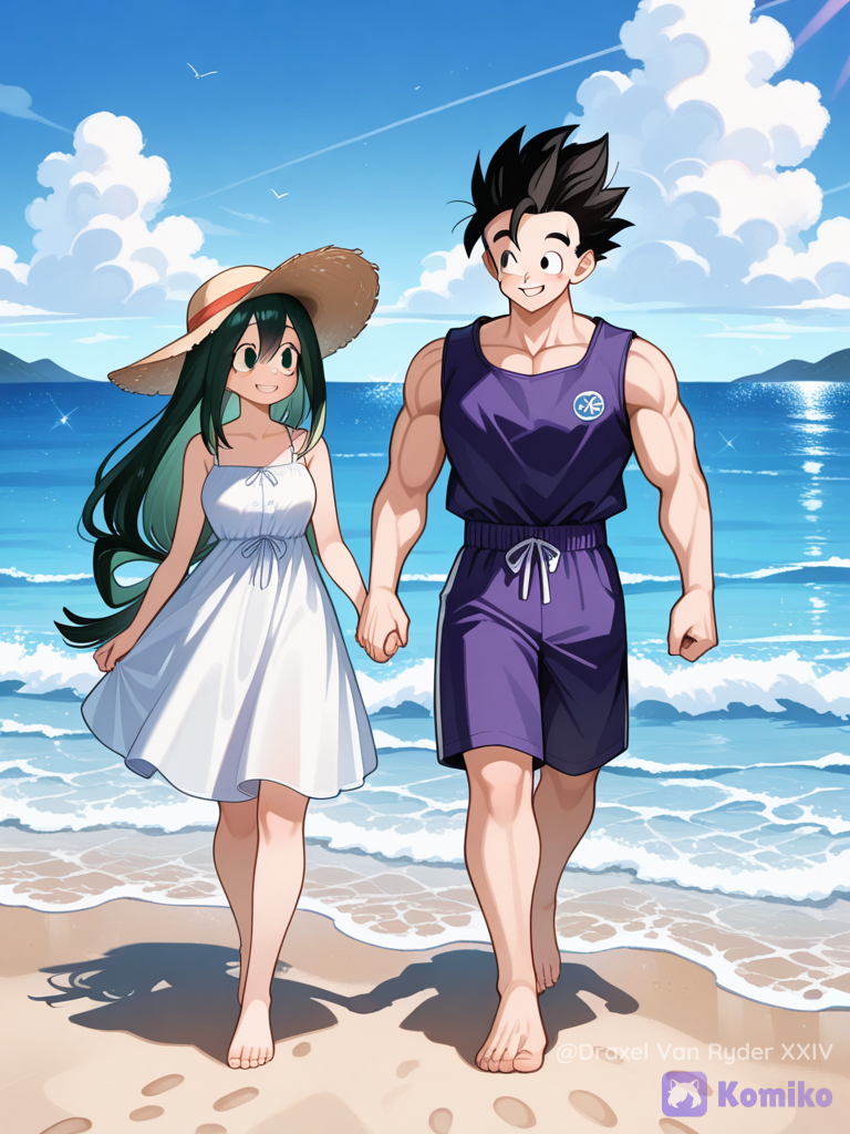 Gohan y Tsuyu Asui paseando por la playa