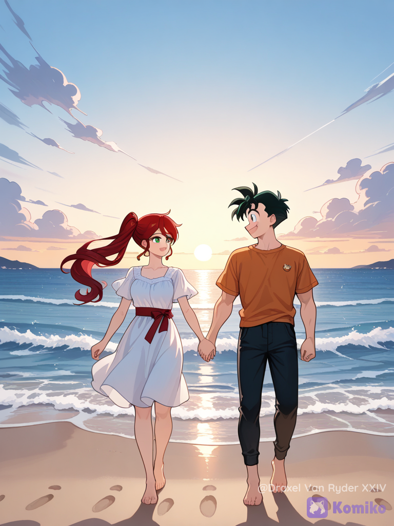Gohan y Pyrrha Nikos paseando por la playa