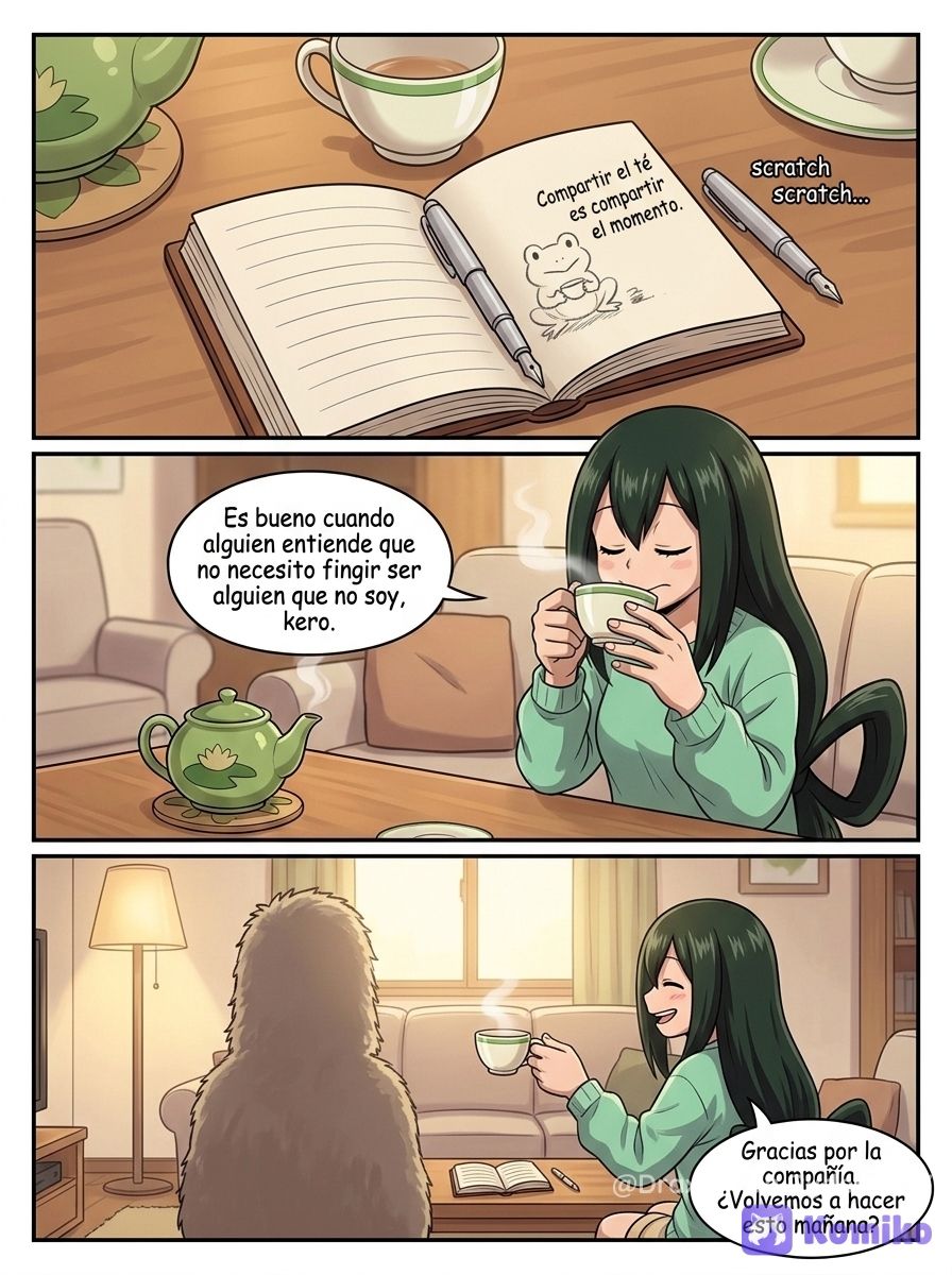 Tsuyu Asui y su invitado, conversan en la sala