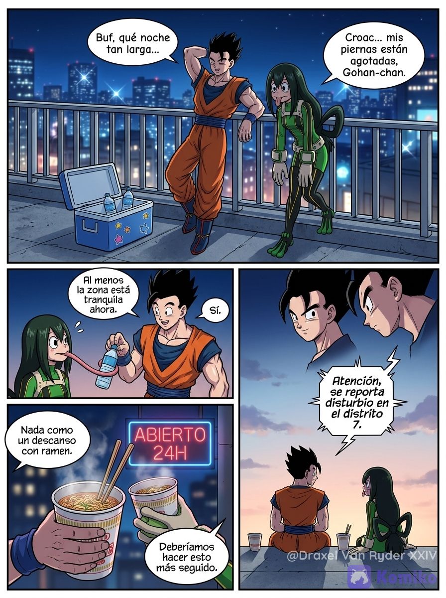 Gohan y Tsuyu Asui, tomando un descanso durante el primer patrullaje