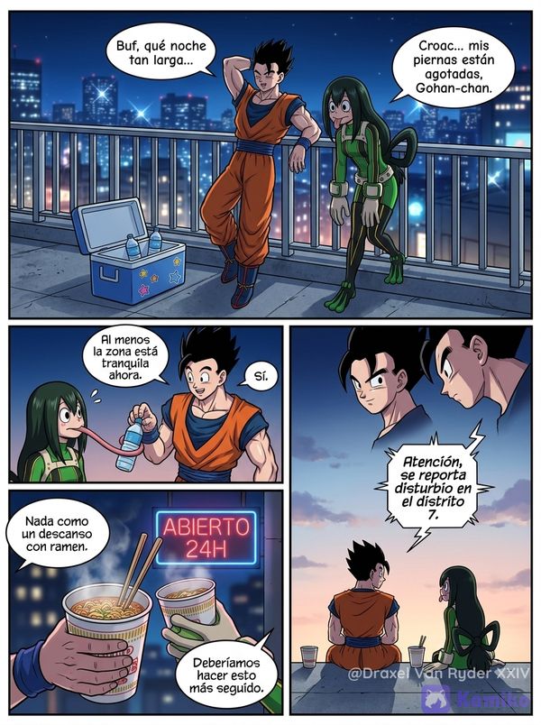 Gohan y Tsuyu Asui, tomando un descanso durante el primer patrullaje