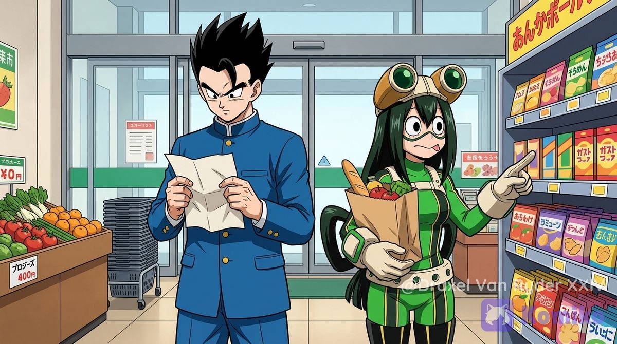 Gohan y Tsuyu Asui, de compras en el supermercado