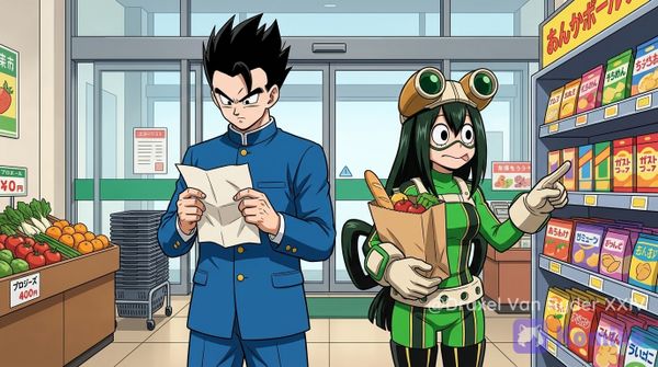 Gohan y Tsuyu Asui, de compras en el supermercado