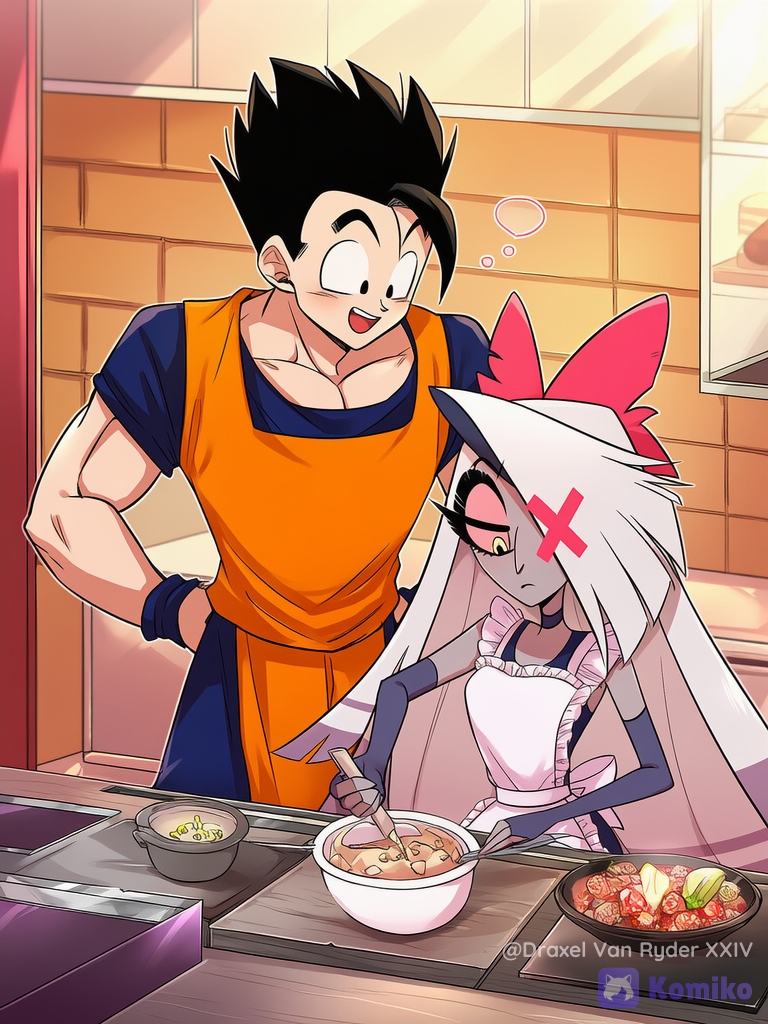 Gohan ayuda a vaggie a preparar la cena