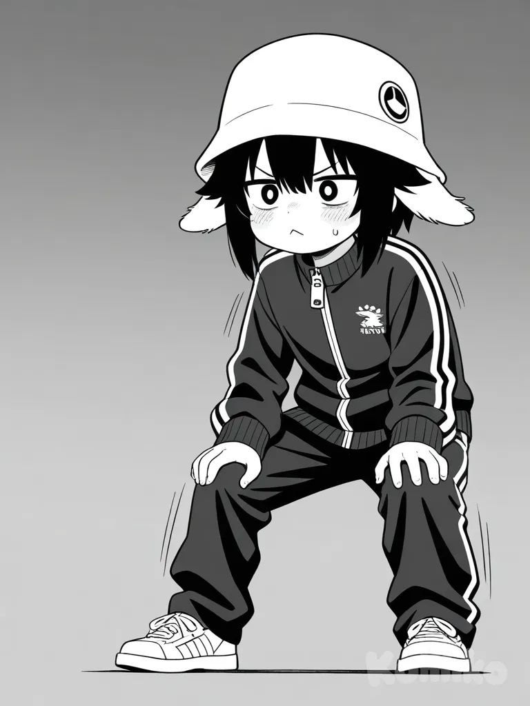 A young anime boy with a slim build, messy spiky black hair with a long bang covering one eye, wearing a large white winter hat with floppy ear flaps. He has wide expressive eyes with small dark pupils, flushed red cheeks, and sweat droplets, showing nervousness and embarrassment. He is dressed in a sporty tracksuit jacket with a zipper and darker trim, loose-fitting pants, and sneakers. His body language is exaggerated and dramatic, hands stretched forward with splayed fingers, alternating between panicked flailing and apologetic bowing. The art style is manga-inspired with bold outlines, dynamic motion lines, grayscale shading, and small red accents for emphasis.