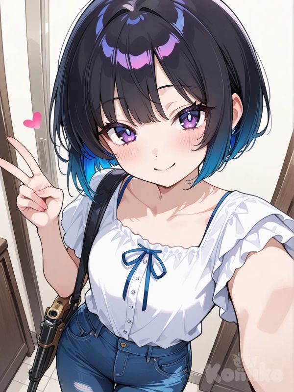 anime girl, cute expression, vibrant colors, anime art, 1girl, selfie, holding gun, v sign, jeans, bob cut, charcoal black