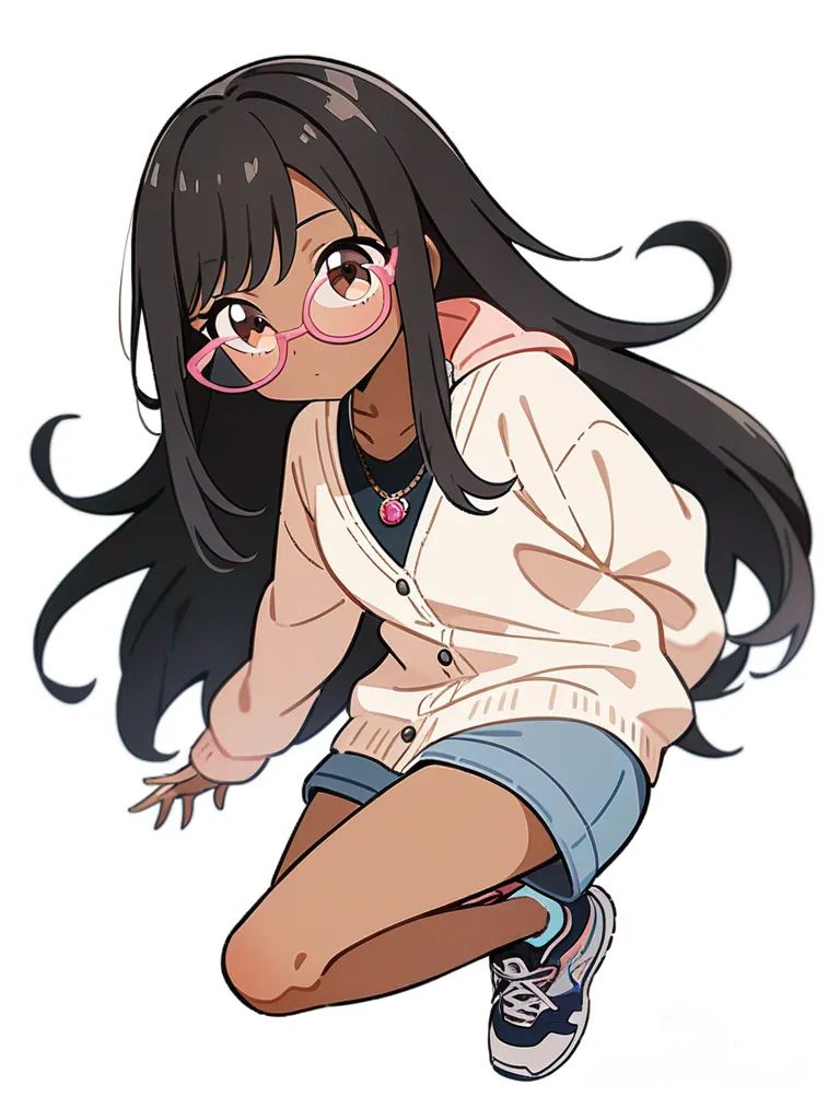 1girl, soft anime, teenager, tall, slim, brown eyes, long hair, black hair, tan skin, knitted cardigan, shorts, pink glasses, digital watch, necklace, single character, full body, looking at viewer, anime style, simple background, white background
