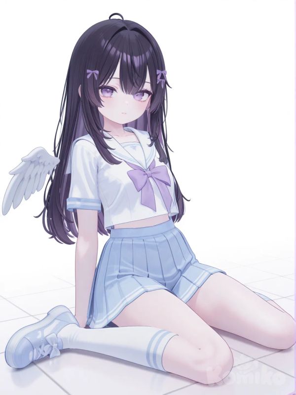 [3d-anime-style] 1girl, solo, pastel_colors, teen, slim, black_hair, floor_length_hair, straight_hair, purple_eyes, pale_skin, pleated_skirt, kneehigh_socks, angel_wings, sitting, on_floor, single_character, full_body, looking_at_viewer, anime_style, simple_background, white_background