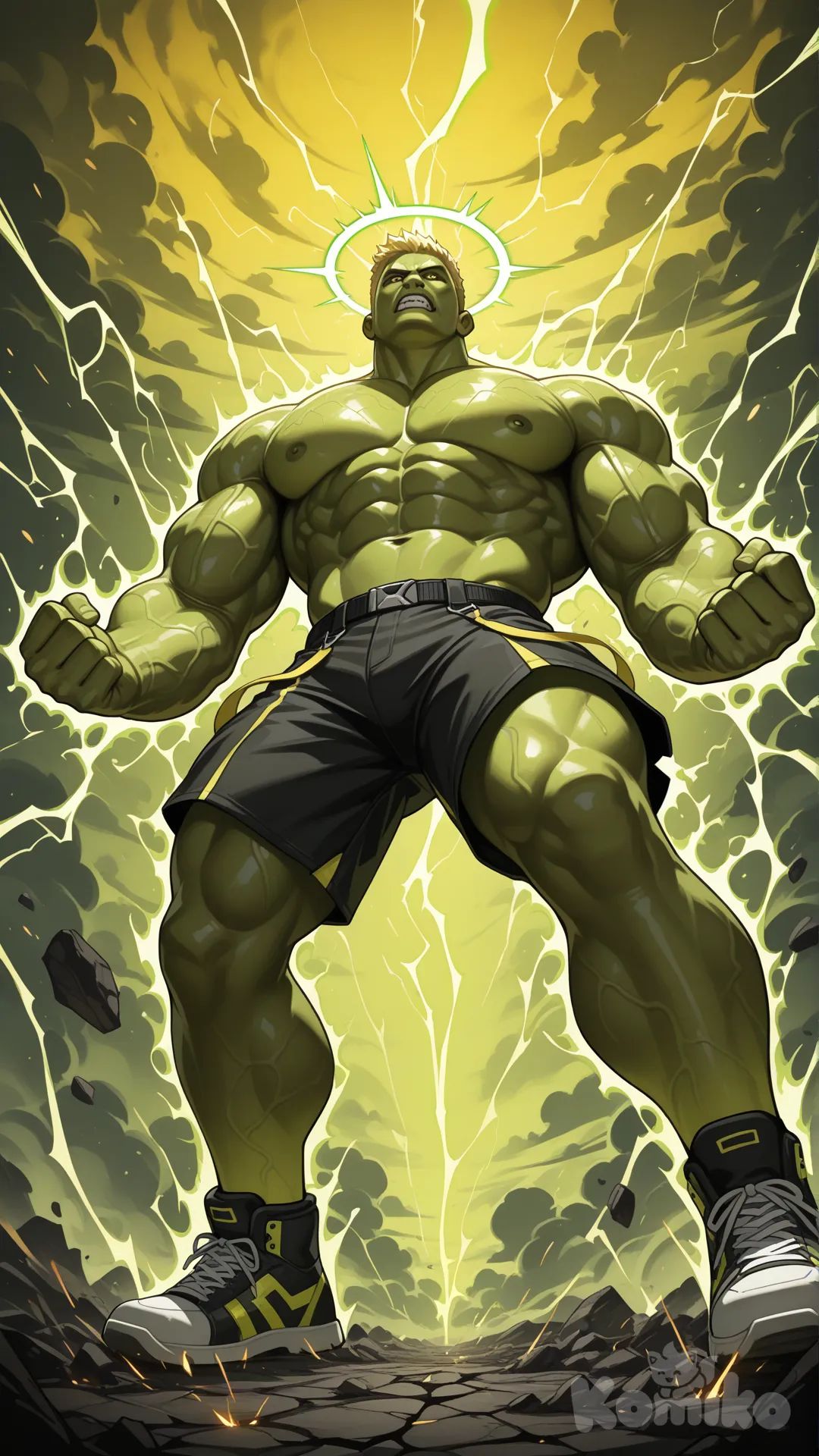 {
"image_analysis": {
"subject_details": {
"character": "The Incredible Hulk",
"anatomy": "Hyper-realistic muscular definition with extreme vascularity visible across arms and torso, massive trapezius muscles, and a wide, dominant, power-loaded stance.",
"posture": "A sturdy, immovable ground-slam preparation pose with subtle body tension, emphasizing weight, mass, and controlled explosive strength. The silhouette remains bold while fine skin texture stays visible.",
"clothing": "Classic dark, heavily tattered remnants of trousers or shorts clinging to the waist, subtly fluttering from surrounding energy."
},
"visual_effects": {
"energy_aura": "Intense neon-yellow and lime-green electrical discharges, with animated lightning bolts flickering and crawling dynamically along the edges of the body.",
"particle_effects": "Floating embers, glowing debris, and micro-sparks continuously rising and drifting from the cracked ground around the feet.",
"glow_type": "High-contrast animated rim lighting that constantly pulses, separating the subject from the dense fog and enhancing depth."
},
"environment_and_lighting": {
"atmosphere": "Thick volumetric green smoke and heavy radioactive-style fog slowly swirling and breathing throughout the frame.",
"background": "A dark, cracked textured ground extending into an infinite, misty void filled with shifting emerald and sulfur-yellow clouds.",
"lighting_source": "A powerful ground-level upward glow combined with intense backlighting, creating a dynamic, cinematic halo effect that subtly fluctuates in intensity.",
"color_grading": "A monochromatic green-yellow cinematic palette with deep black shadows and high contrast, delivering a high-stakes, apocalyptic tone."
},
"cinematography": {
"framing": "Wide full-body shot, perfectly centered, captured from a low-angle perspective to emphasize overwhelming power, scale, and dominance.",
"style": "Modern superhero cinematic concept art adapted for video, featuring high dynamic range (HDR), sharp focus on the character silhouette, and a softly shifting, hazy background to enhance motion depth."
},
"motion_context": {
"camera_motion": "Subtle cinematic camera push-in with minimal handheld vibration to convey immense weight and energy.",
"environment_motion": "Fog, smoke, sparks, and energy effects move continuously, reinforcing a living, breathing scene.",
"overall_feel": "A slow-building, high-impact cinematic moment just before explosive action, designed for dramatic video generation."
}
}
}