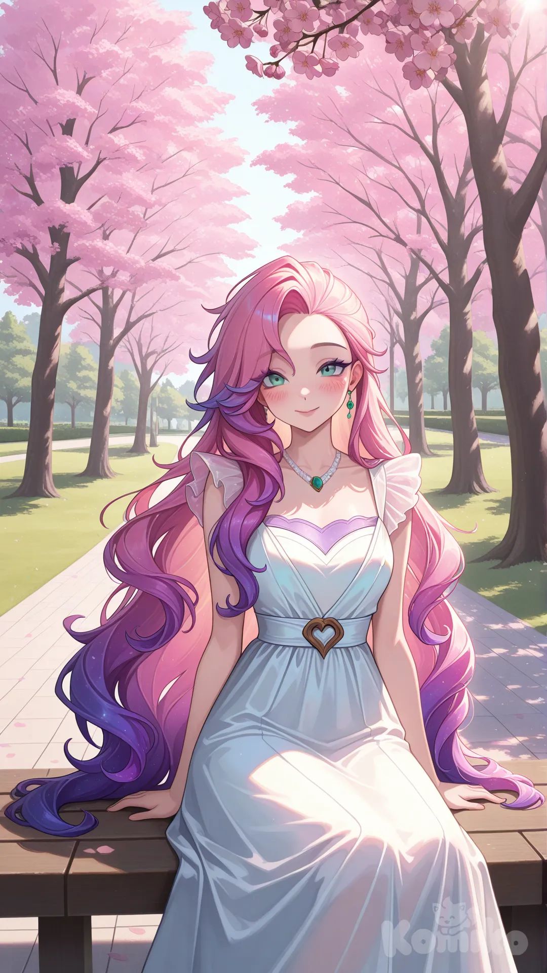 @Seraphine_(League_Of_Legends), com vestido te esperando para um encontro, tarde de sol, luz natural, árvore, Japão