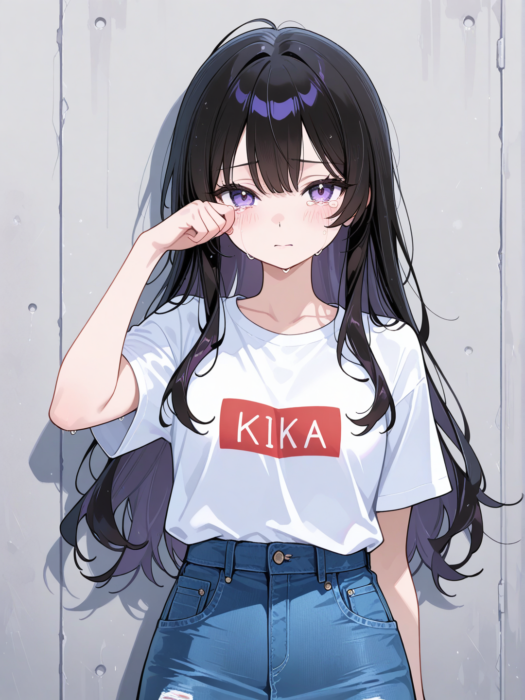 1girl, wiping tears, t-shirt, denim skirt, looking at viewer