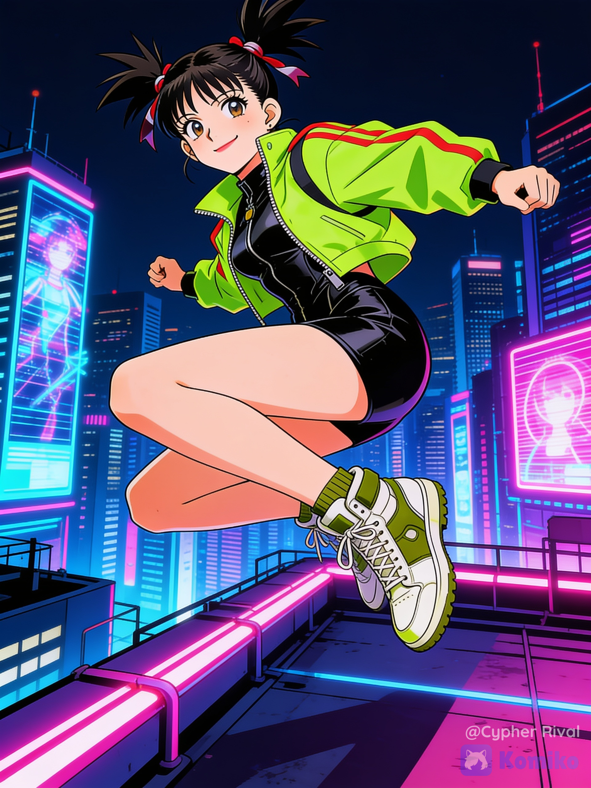 Reina's Neon Rooftop Leap! 🌃💚