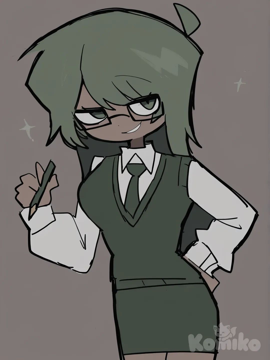 [pop-sketch-style], pear hair, female, slightly tanned skin, glasses, henley shirt, school vest, pencil skirt, upper body, holding pencil, smirk, winking at viewer