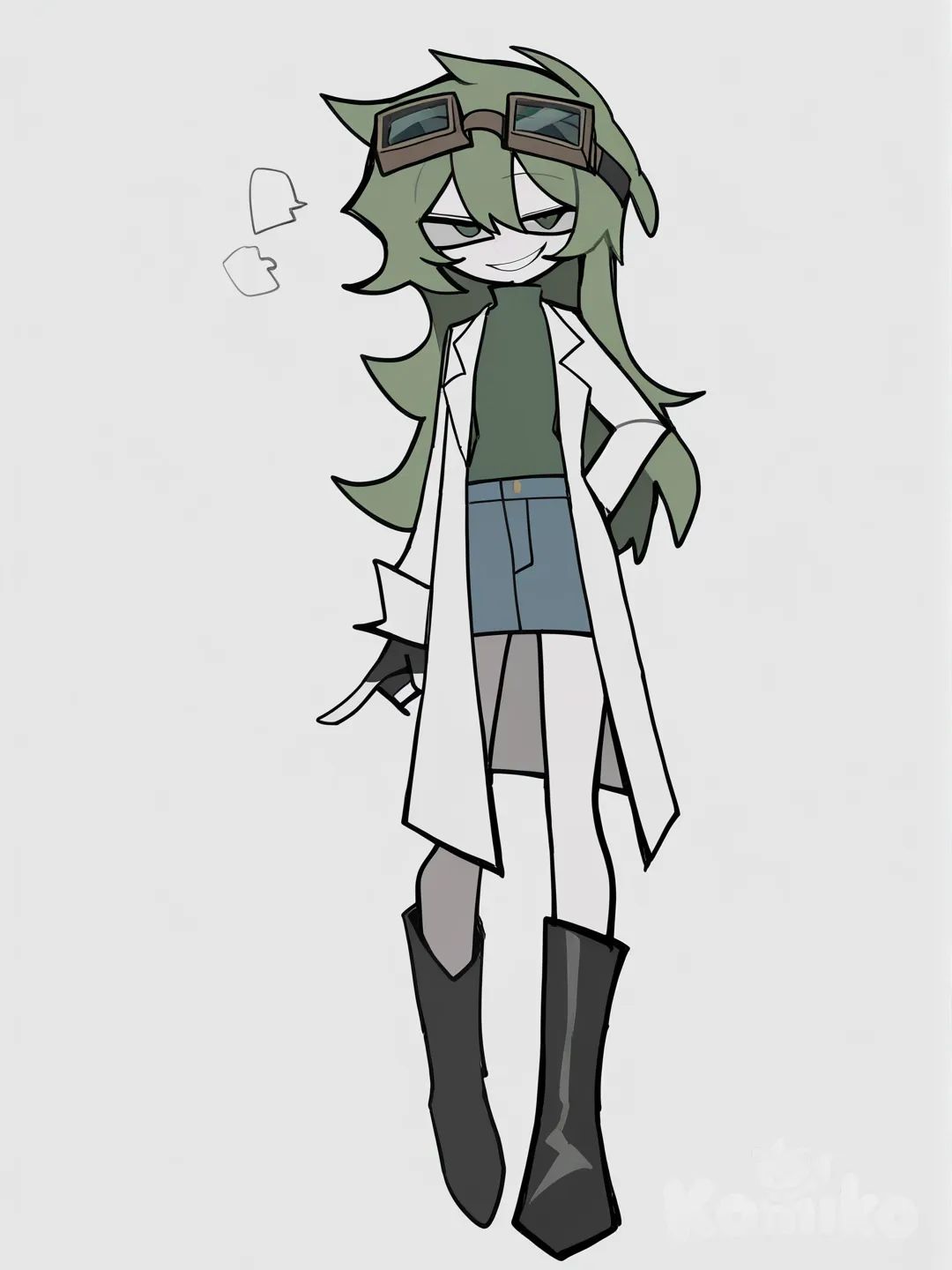 [pop-sketch-style], lime hair, female, light skin, henley shirt, lab coat, denim skirt, knee boots, goggles on head, upper body, evil smile