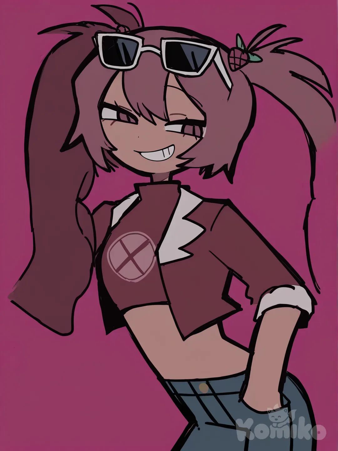 [pop-sketch-style], raspberry hair, upper body, female, dark skin, smile, sunglasses on head, flat chest, cropped jacket, jeans, raspberry hair pin