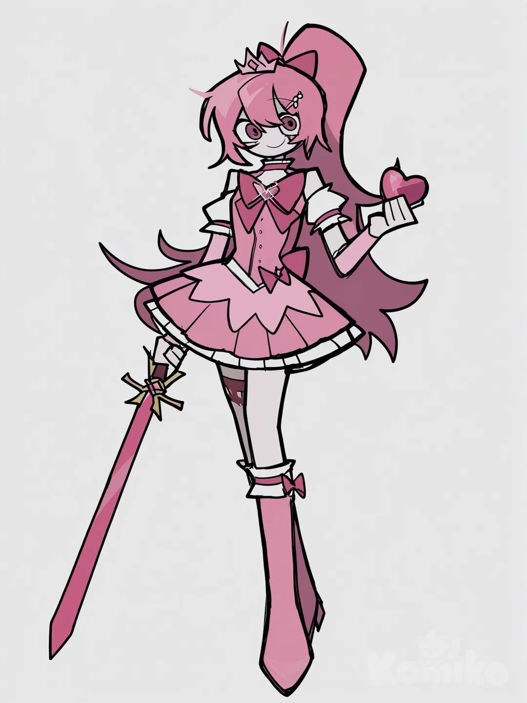 [pop-sketch-style], neon pink hair, rose quartz hairclip, pink tiara, pink magical girl dress, detached sleeves, pink vest, pink bow, long high ponytail, pink boots, knee socks, light skin, holding heart sword, standing, smile