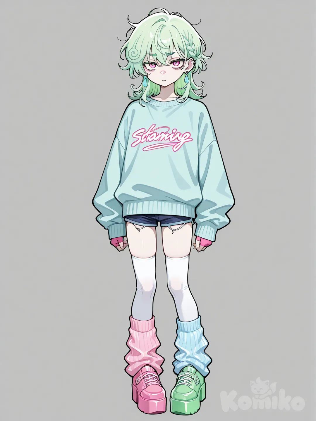 Pale white skin, large down turned pink eyes, broad nose, Curly slightly long neon green hair with one small braid on the front right, dainty green eyebrows, several piercings and earnings that are clear light blue plastic, light blue oversized sweater, dark blue gene shirts that fall just above his knees, thigh high white socks, light blue leg warmers, platform high top shoes one pink one neon green, pink fingerless gloves, looks cold an annaproachable. 20 years old, male, twink