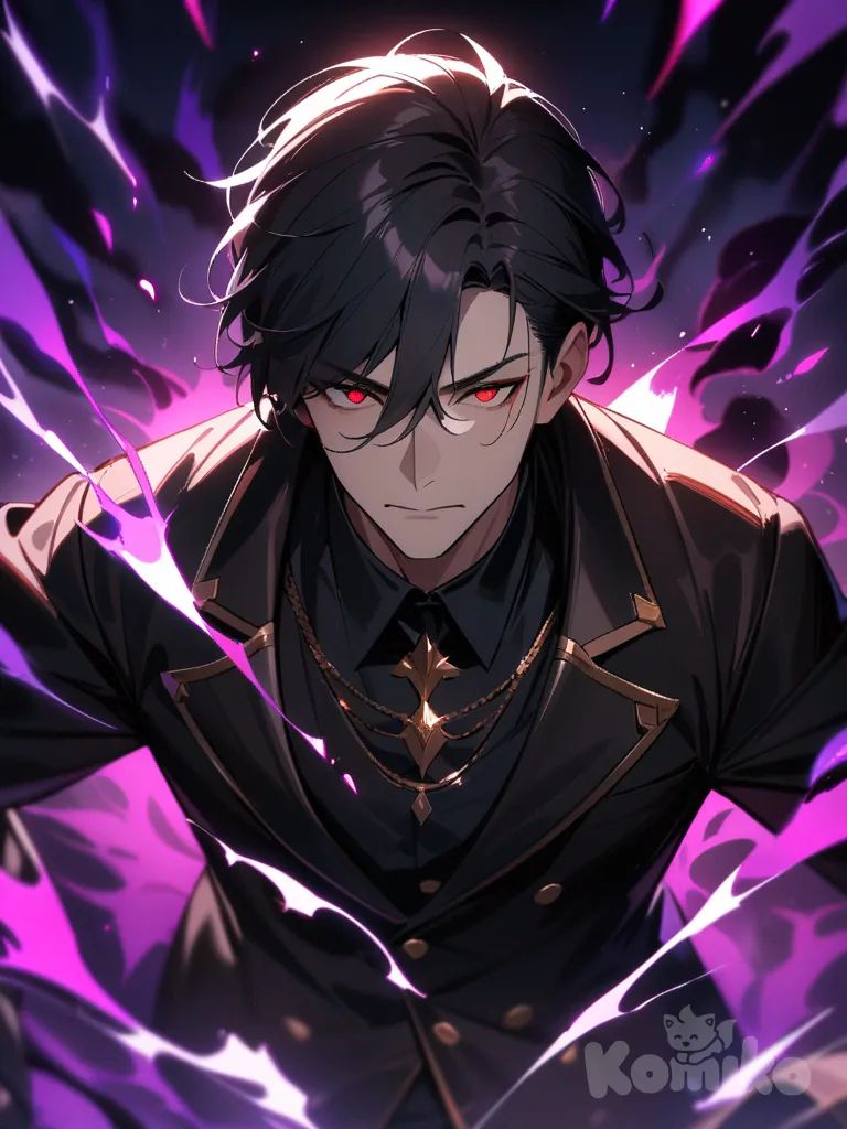 mature male, full clothes, red eyes, black hair, dark aura