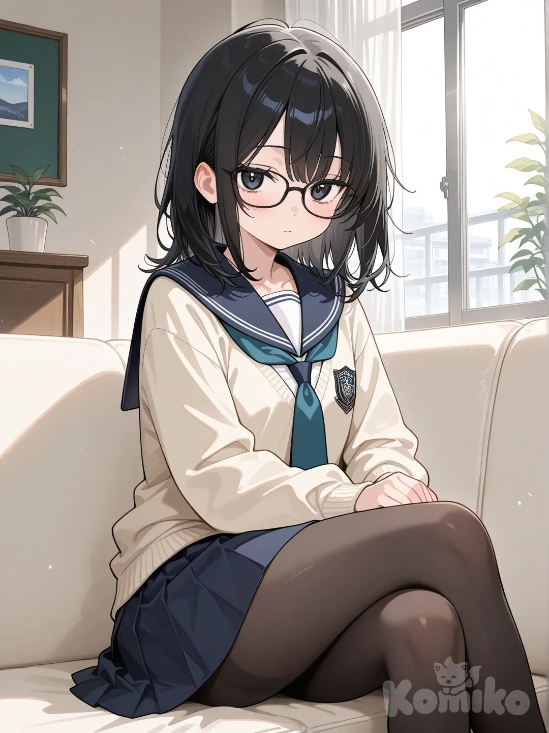 Crea una imagen de una chica de 1.50 de altura, Cabello negro, ojos color negro, lentes de montura negros, haslo en un estilo novela ligera

Con un uniforme japones de invierno

Hasla sentada en un sofa para una persona, con medias negras que cubre su parte inferior