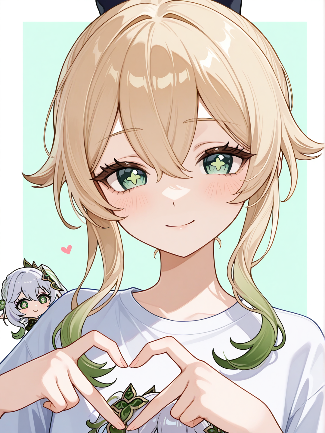 @Jean_(Genshin_Impact), @Nahida_(Genshin_Impact), heart hands, t-shirt, portrait