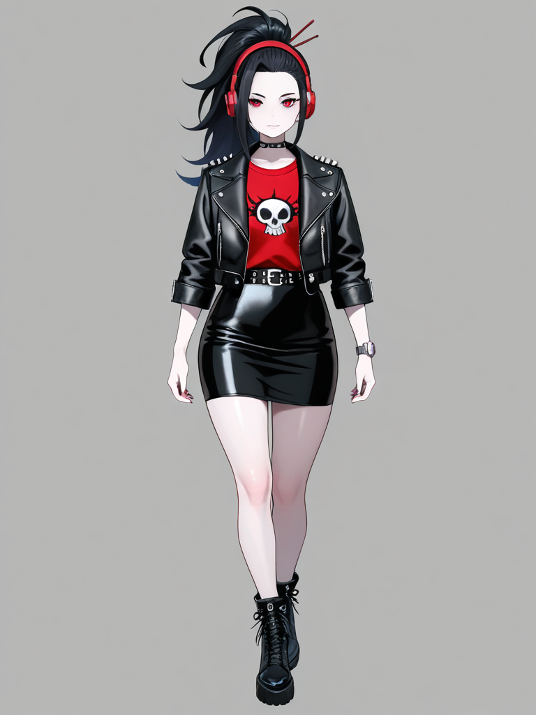1girl, vampire, mature female, tall, slim, petite, curvy, black hair, long hair, ponytail, red eyes, tattoo, pale skin, punk leather jacket, t-shirt, pencil skirt, studs, hairpin, headphones, mechanical watch, single character, full body, looking at viewer, anime style, simple background, white background