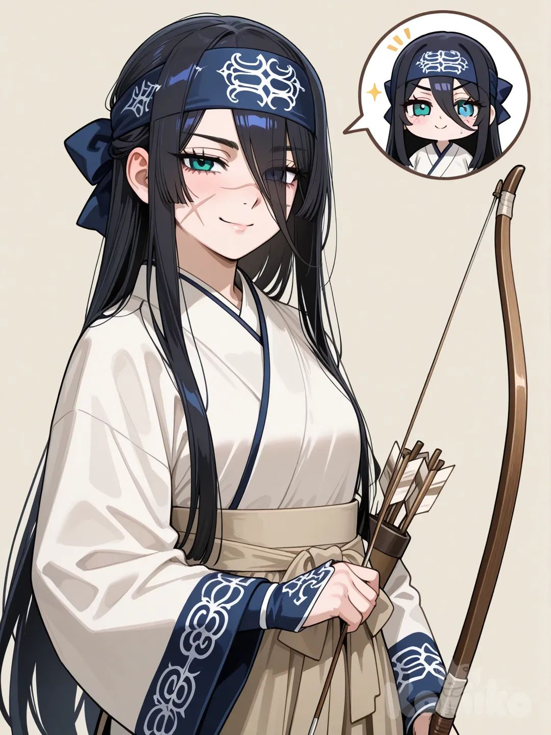 Minha oc para o pouco conhecido anime Golden kamuy sora uma mulher 24 anos ,tem cabelos pretos extremamente pretos lisos e ,olhos azuis esverdeados , magra corpo bonito, rosto fofo porém sério e maduro ! Suas veste Ainu cor marrom claro quase branco com detalhes azuis aquelas calças e aquelas roupas compridas, usa arco e flechas de madeira envenenada ,1.65 , rosto gentil sorrindo confiante um olhar que transmite ironia e talvez confiança e Vitória mulher muito bonita,tem mente uma pequena e sutil cicatriz em forma de x na bochecha esquerda seguir um pouco mais perto com a câmera presta atenção é uma cicatriz só só uma não tem risco no meio é só o x