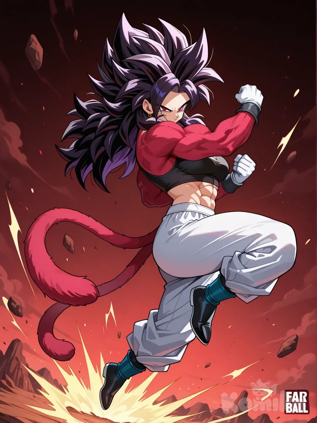 Minha oc para o odiado anime dragon ball GT, o nome dela Reika mulher cabelos cor roxo claro pele clara,corpo forte , uma blusa curta colada na cor preta ,usa uma calça gi branca , luvas e botas brancas, se transforma em super Sayajin 4 cabelos espetados um pouco compridos da cor roxo escuro , e os pelos vermelhos cobrindo os braços