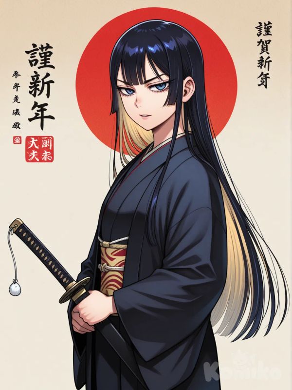 Minha oc para o pouco conhecido anime Golden kamuy, Gia hijikata 24 anos japonêsa, tem cabelos loiros liso curtos com uma mecha bem pequena de cabelo preto , e olhos claros cor de azul turquesa , usa kimonos pretos , 1:62 de altura , médica mas também guerreira da katana uma onna bugeisha a mulher essa samurai moderna, só tem o rosto feminino delicado Mais maduro gentil , ela é a neta do velho toshizou hijikata , Golden kamuy