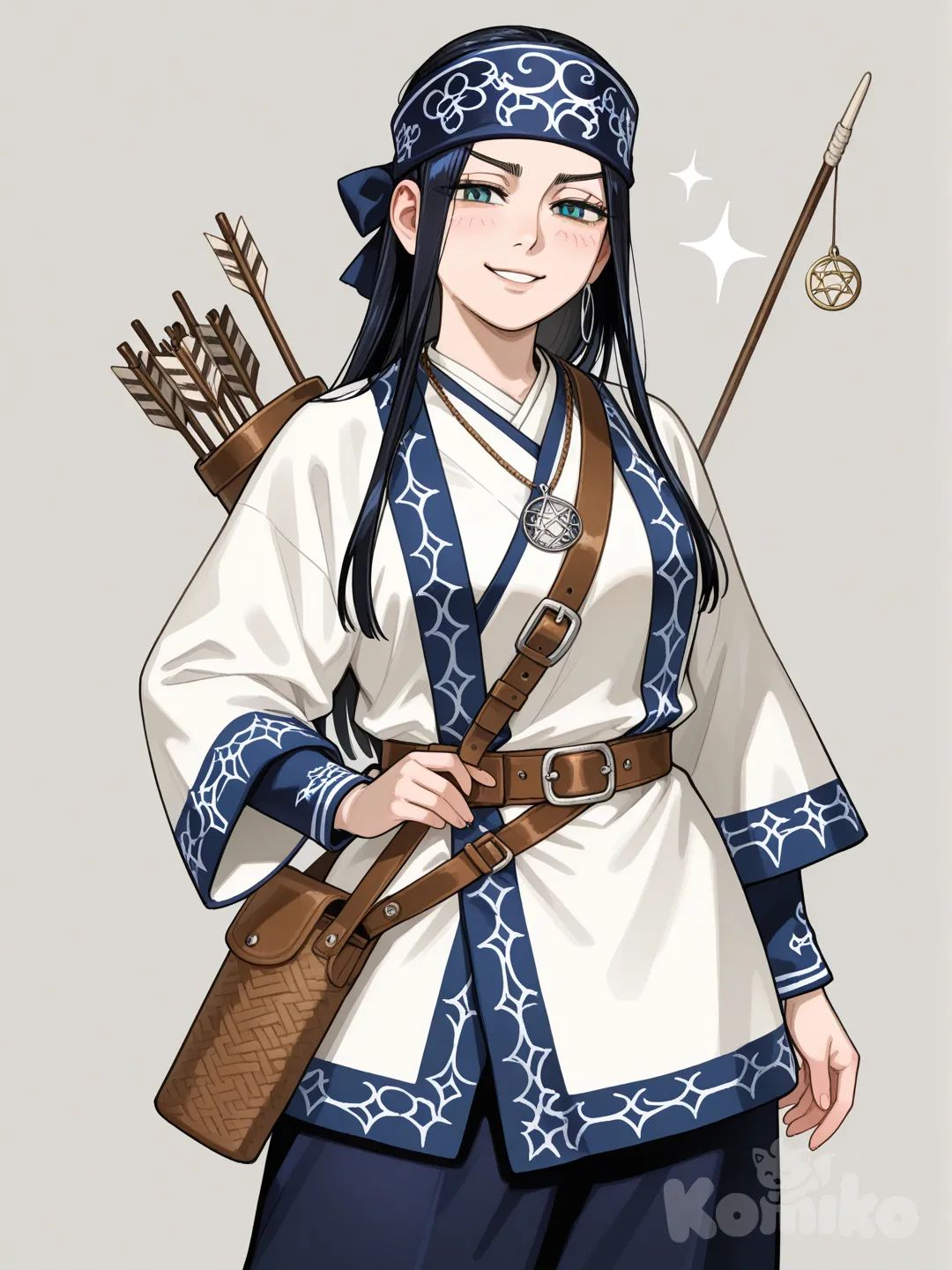 Minha oc para o pouco conhecido anime Golden kamuy sora uma mulher 24 anos ,tem cabelos pretos extremamente pretos lisos e ,olhos azuis esverdeados , magra corpo bonito, rosto fofo porém sério e maduro ! Suas veste Ainu branco com detalhes azuis aquelas calças e aquelas roupas , pescoço ela tem um pingente grande no formato de uma estrela de seis pontas feita de madeira, usa arco e flechas de madeira envenenada ,1.65 , rosto gentil sorrindo confiante um olhar que transmite ironia e talvez confiança