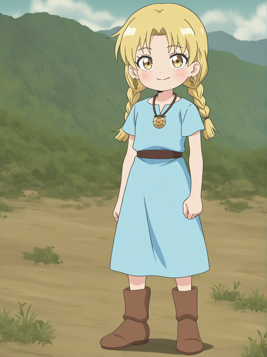[bright-anime-style] 1girl, blonde hair, hazel eyes, double braided hair, light blue tunic, brown belt, bronze necklace, bronze earrings, brown boots with buckles, gentle smile, bronze hair pin, mountain background, single character, full body, looking at viewer, anime style