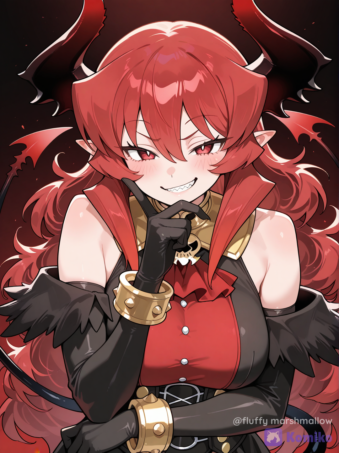 maou beluzel, yuusha to maou, demon girl, demon tail, demon horns, horns, fang, red eyes, red hair, long hair, elbow gloves, bracelet