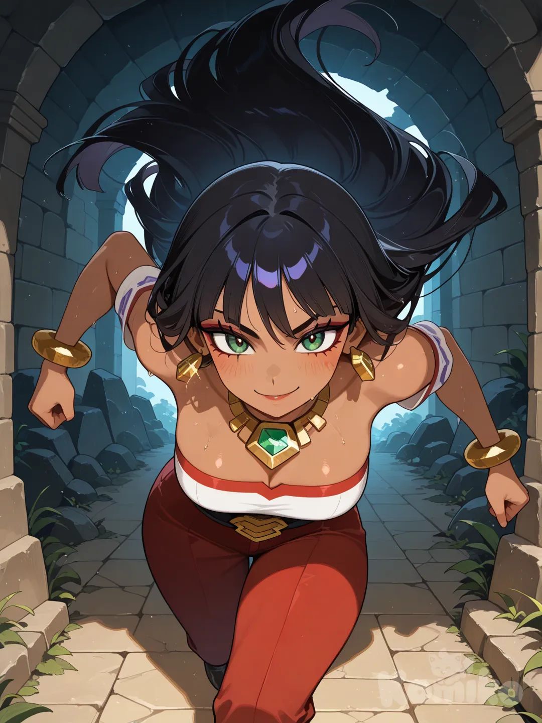 1girl, chel morena, el dorado, ojos verdes, stone lair, running, smile