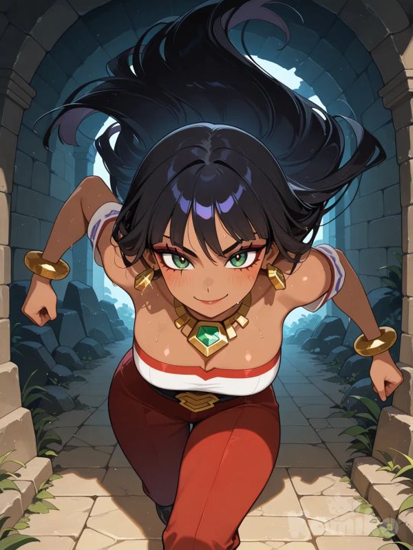 1girl, chel morena, el dorado, ojos verdes, stone lair, running, smile
