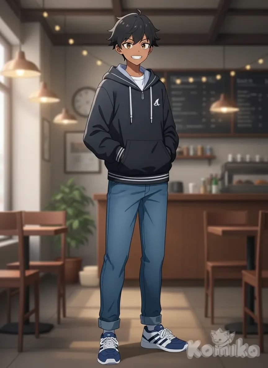 <selo-eWJN>, anime screencap, hands in pockets, smile, jeans, hoodie, full body, ambient light, cafe
