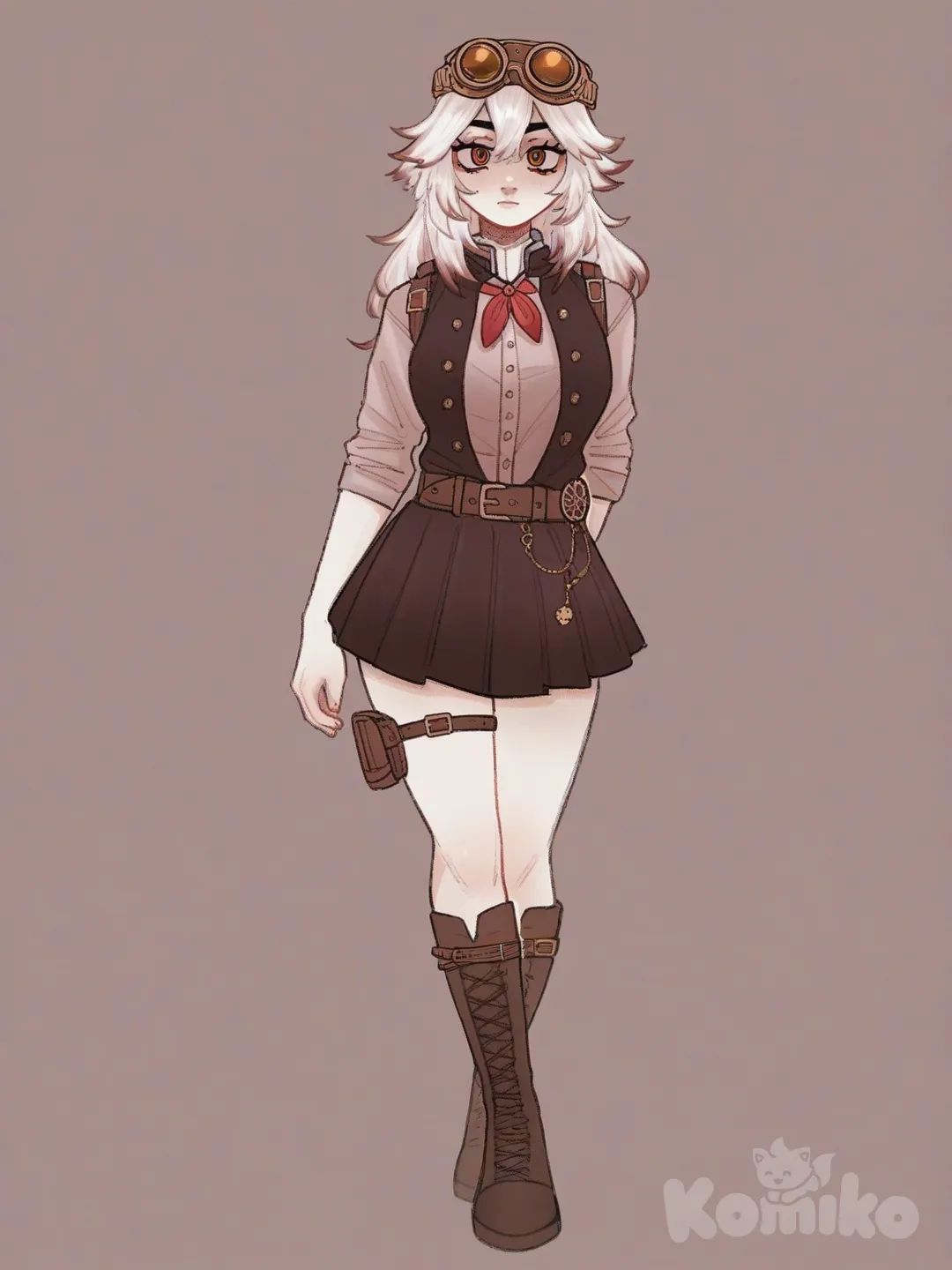 [soft-shaded-moe-style] 1girl, genshin_impact, curvy, solo, teenager, white_hair, red_eyes, pale_skin, hair_accessory, steampunk_goggles, lace, demon_slayer_uniform, skirt, single_character, full_body, looking_at_viewer, anime_style, simple_background, white_background