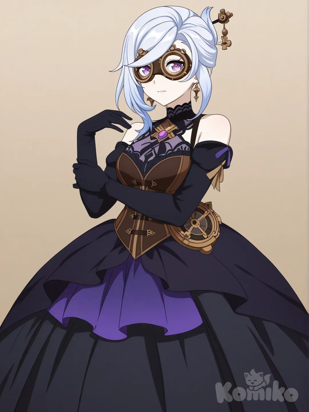 [pop-anime-style] 1girl, genshin_impact_style, mature, curvy, silver_hair, purple_eyes, pale_skin, little_black_dress, lace, hairpin, steampunk_goggles, single_character, full_body, looking_at_viewer, simple_background, white_background