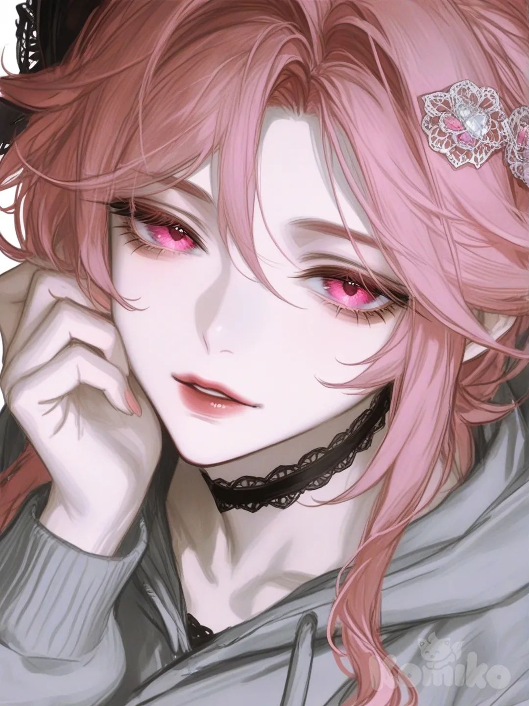alistic-portrait-style] 1girl, genshin_impact_style, mature female, curvy, short_hair, pink_hair, hair_curls, pink_eyes, pale_skin, small_hoodie, lace touching cheek, hair_ornament, single character, full body, looking at viewer, simple background, white background