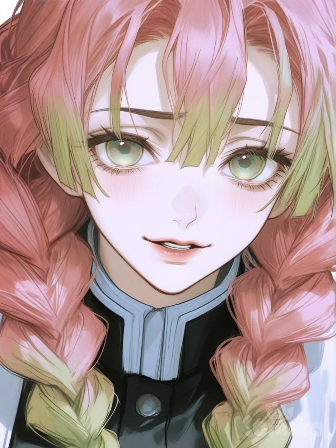 [semi-realistic-portrait-style] 1girl, mitsuri_kanroji, mature, braids, pink_hair, green_hair, green_eyes, pale_skin, demon_slayer_uniform, single_character, full_body, looking_at_viewer, anime_style, simple_background, white_background