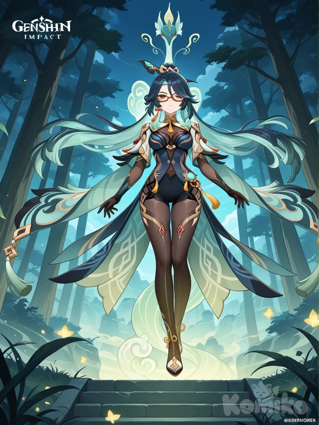 1girl, @Cloud_Retainer_(Genshin_Impact) floating, forest glowing