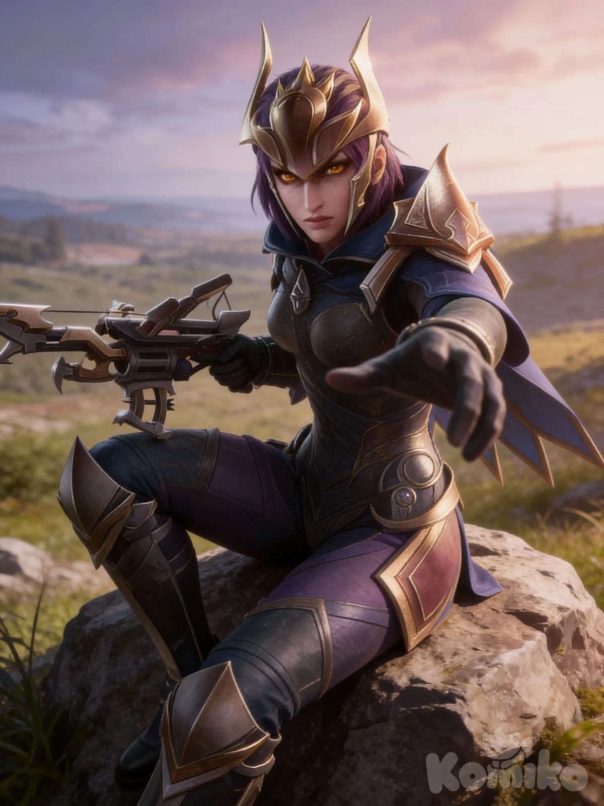 1girl, Quinn (League of Legends), stern look, short hair, purple hair, amber eyes, quinn outfit, crossbow, sitting on a rock, quinn's crown, extending out a hand