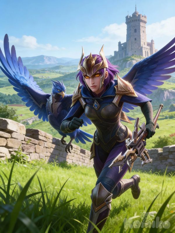 1girl, Quinn (League of Legends), stern look, short hair, purple hair, amber eyes, quinn outfit, crossbow, running, quinn's crown, field, grass, stone walls, runeterra, stone tower