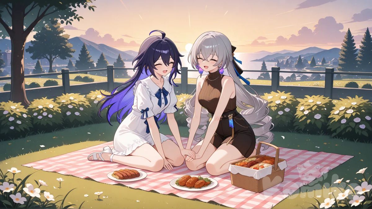 @Bronya_Rand, @Seele_(Honkai:Star_Rail), laughing, garden, ambient light, full body, picnic, holding hands
