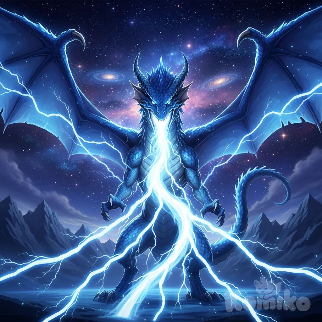 A majestic Blue Lightning Dragon unleashes a torrent of lightning from its mouth, gazing intently at the viewer. The full-body scene is set in a serene night environment, enhanced by ambient, back, rim, top, and side lighting. The scene is completed by a cosmic background with a vibrant, starry sky, captured in a 3D anime style with rich colors reminiscent of an anime screencap.